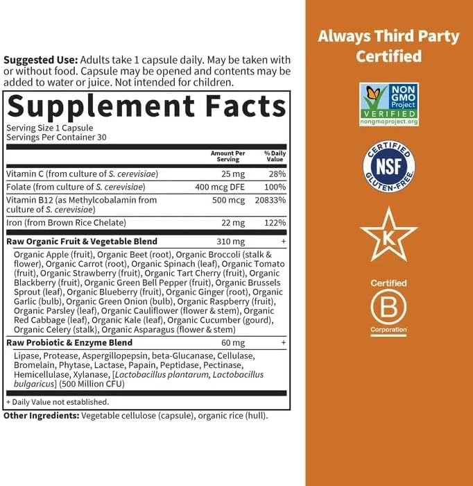 Garden of Life Vitamin Code Raw Iron Supplement - 30 Vegan Capsules, 22mg Once Daily Iron, Vitamins C, B12, Folate, Fruit, Veggies & Probiotics, Iron Supplements for Women, Energy & Anemia Support