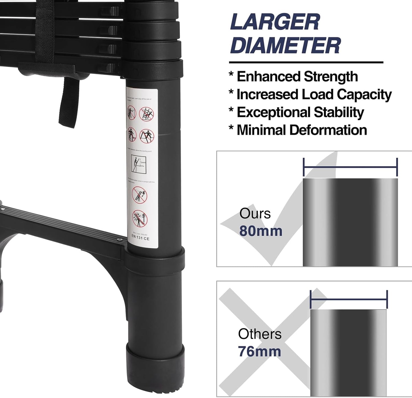 BOCOM 14.5 FT Aluminum Telescoping Ladder, Lightweight Multi-Purpose Collapsible Extension with 2 Triangle Stabilizers, Heavy Duty 330 lbs Max Capacity, Ideal for Home, RV, and Outdoor Work Black