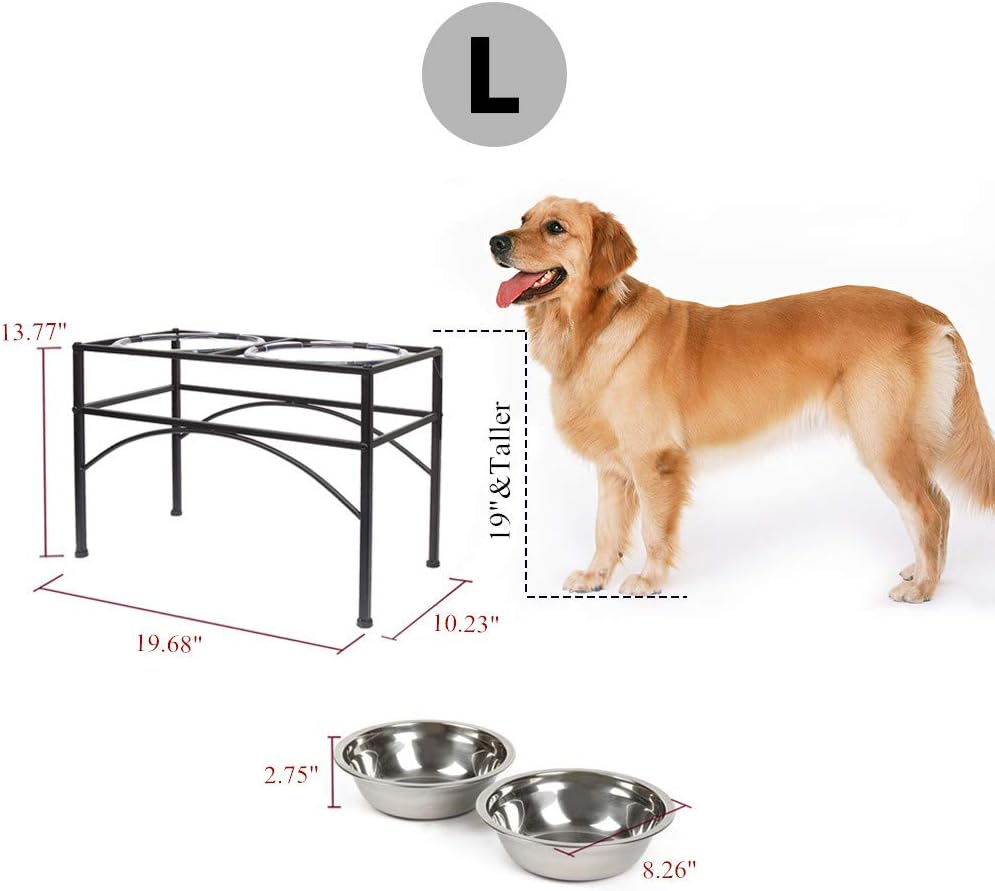 Funkeen Elevated Dog Bowls Raised Pet Feeder Cat Food & Water Diner Stand Set w/ 2 Removable Stainless Steel Bowls (2 Quarts/13.77" in Height)