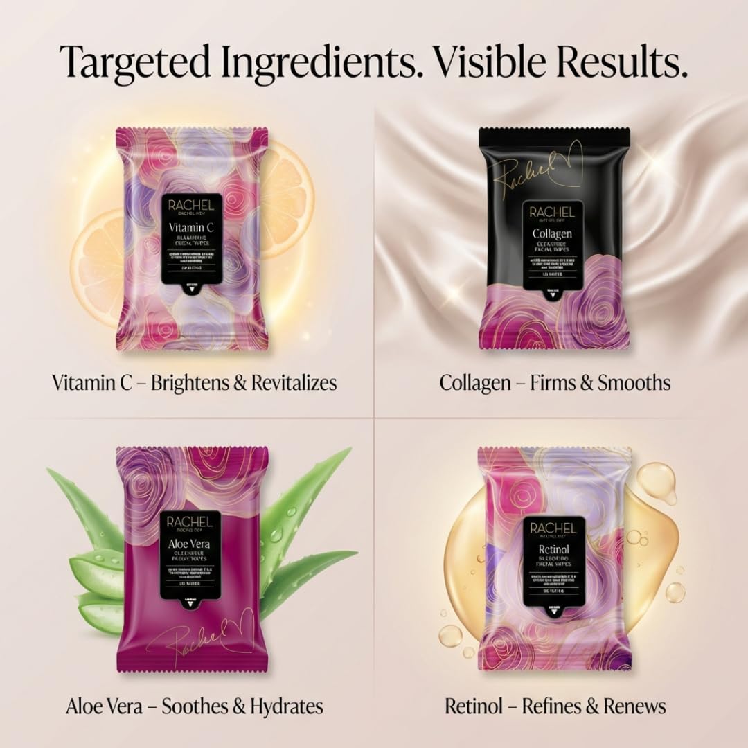 Rachel Roy 4 Pack Face Wipes for Women - Cleansing Makeup Remover Wipes with Vitamin C, Retinol, Collagen & Aloe Vera - 120 Pcs