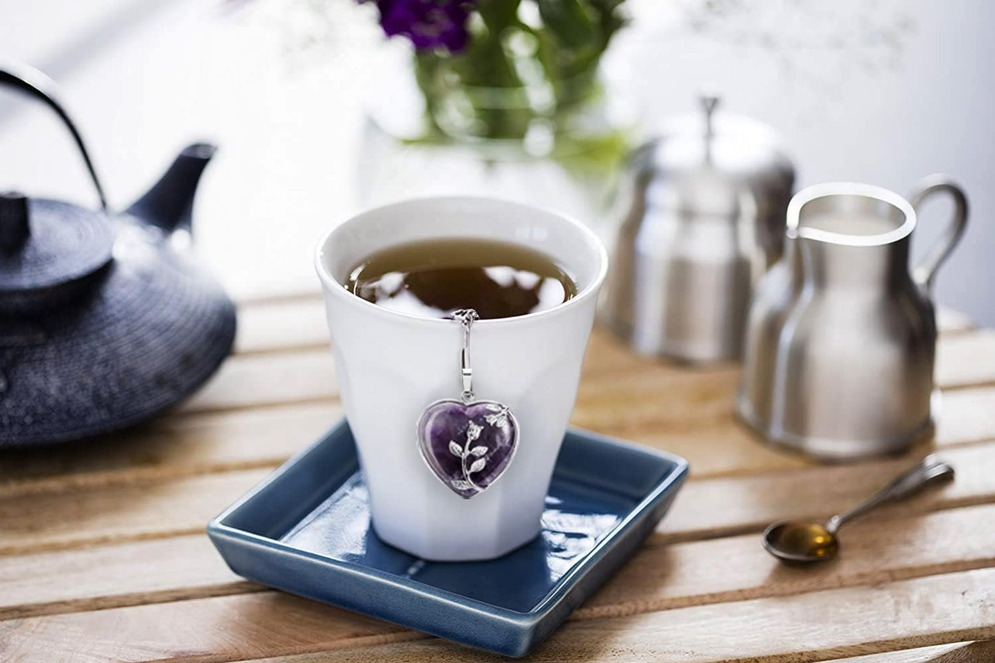 2pcs Tea Infuser Tea Strainers for Loose Tea Amethyst & Rose Quartz Crystal Heart Pendant Infinity Love Heart Couple Handmade Gemstone Tea Ball Set Gifts for Women Gifts for Mom