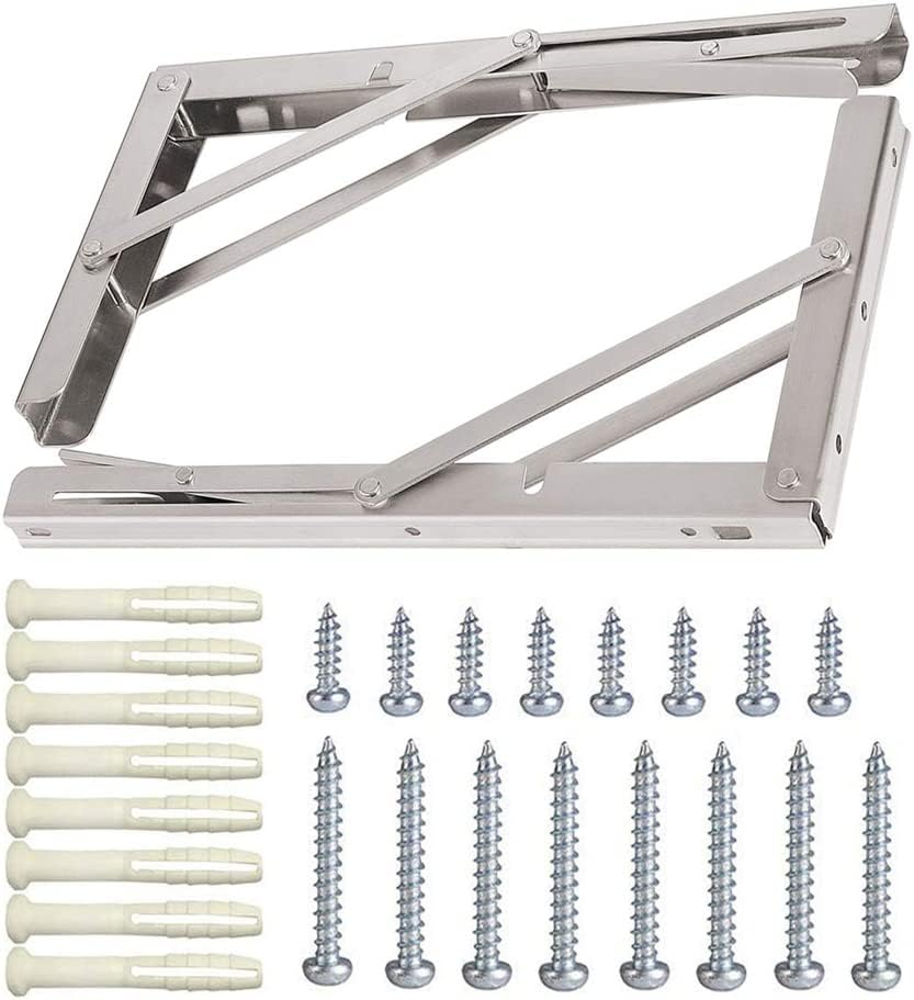 Folding Shelf Brackets, Max Load 300 lb, Heavy Duty Stainless Steel Collapsible Wall Mounted Shelf Brackets for Table, Space Saving DIY Bracket, Pack of 2 (10 Inch)