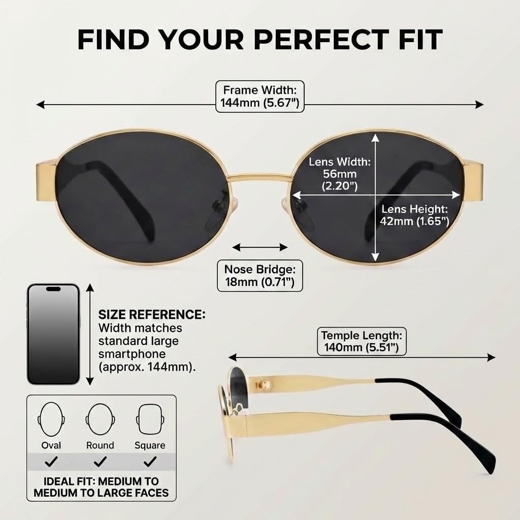 Retro Oval Sunglasses for Women Men - Trendy Gold Sun Glasses - Fashion Metal Frame Shades