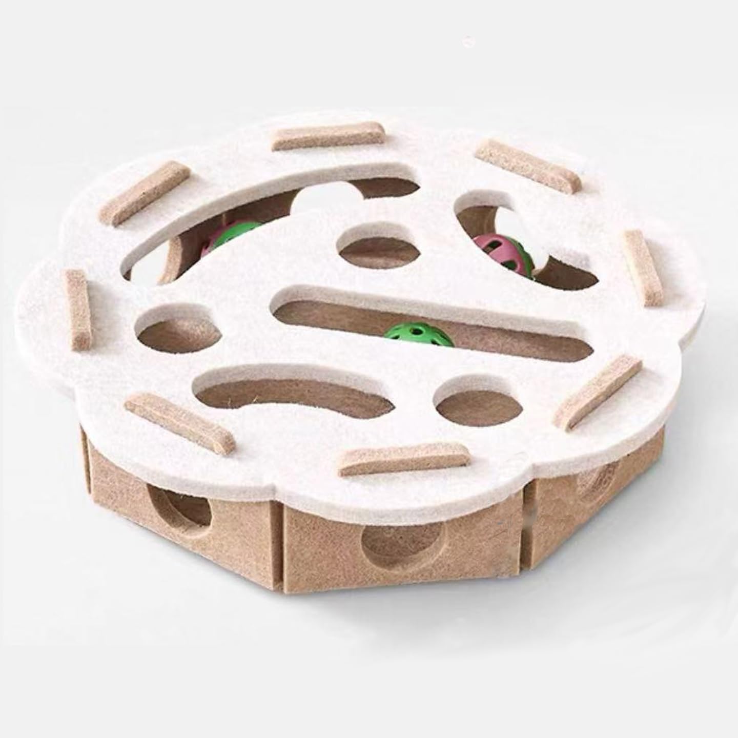 Interactive Cat Toy Box with 3 Jingle Balls – Felt Puzzle Feeder Maze for Cats, Educational Slow Feeder Toy, Indoor Cat Entertainment, 30cm Round Smart Cat Play Box (Camel White)