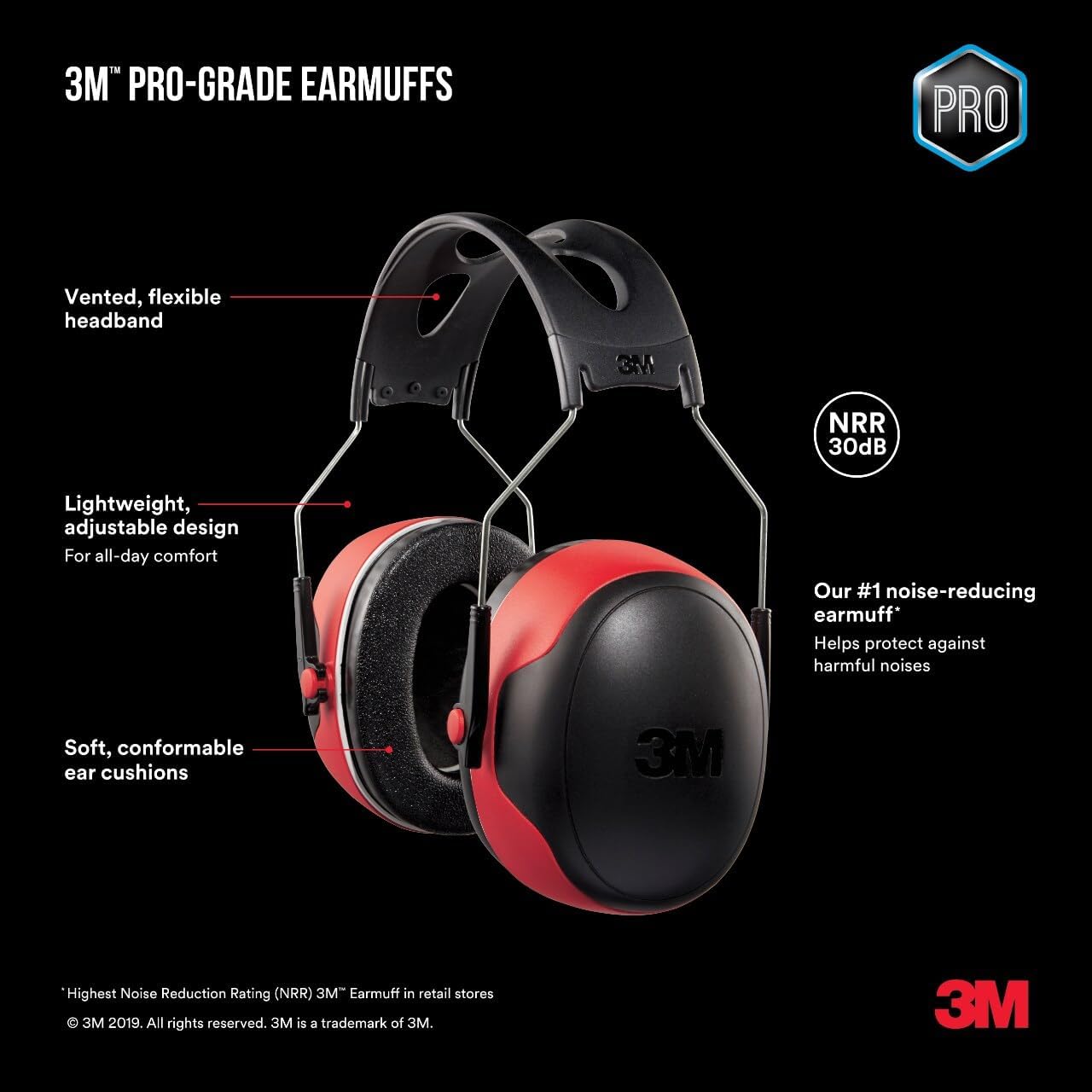 3M Pro-Grade Earmuff, Noise Reduction Rating (NRR) 30 dB, Lightweight & Adjustable Ear Muffs, Reduce Pressure Points For All-Day Comfort, Steel Wire Headband With Rubber Overmold Design (90565-4DC-PS)