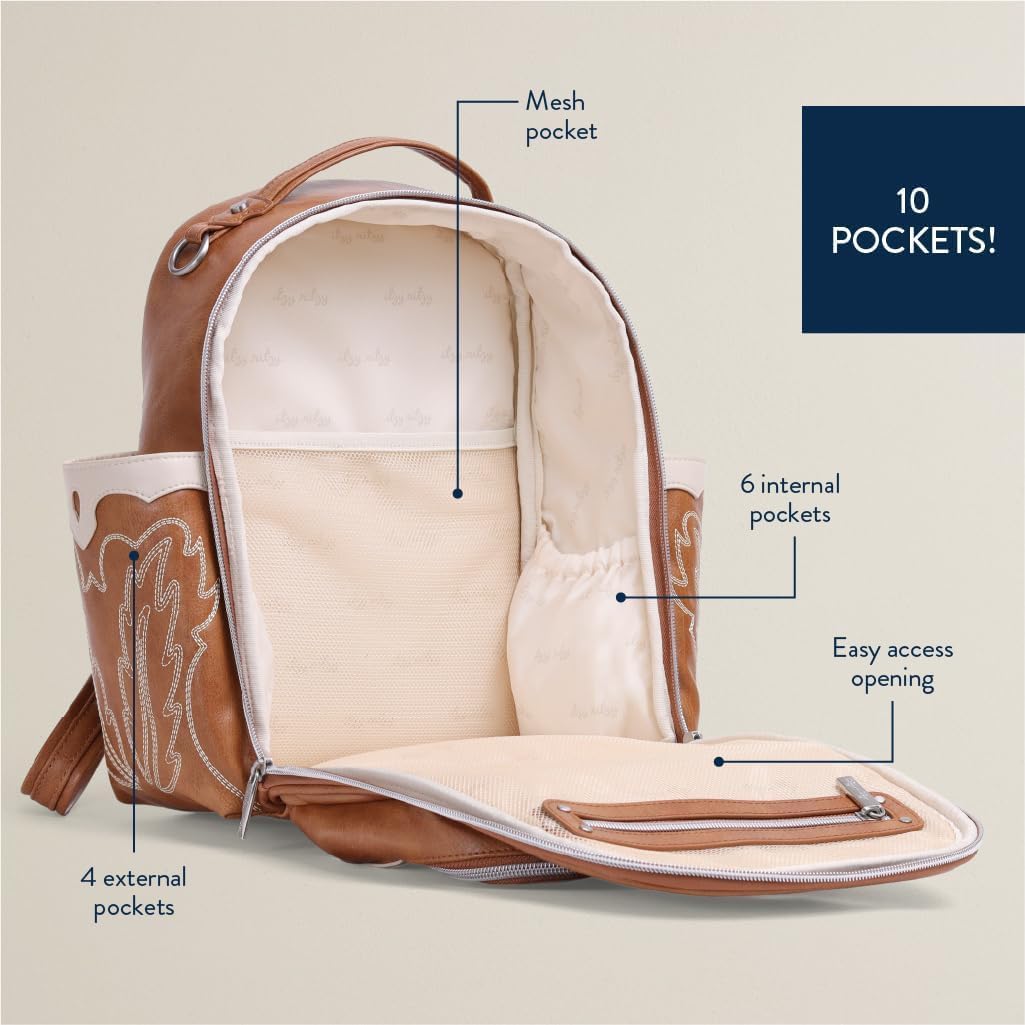 Itzy Ritzy Mini Diaper Bag Backpack – Chic, Compact Mini Plus Backpack with Changing Pad, 10 Pockets (6 Internal, 4 External), Grab-Top Handle & Rubber Feet (Saddle)
