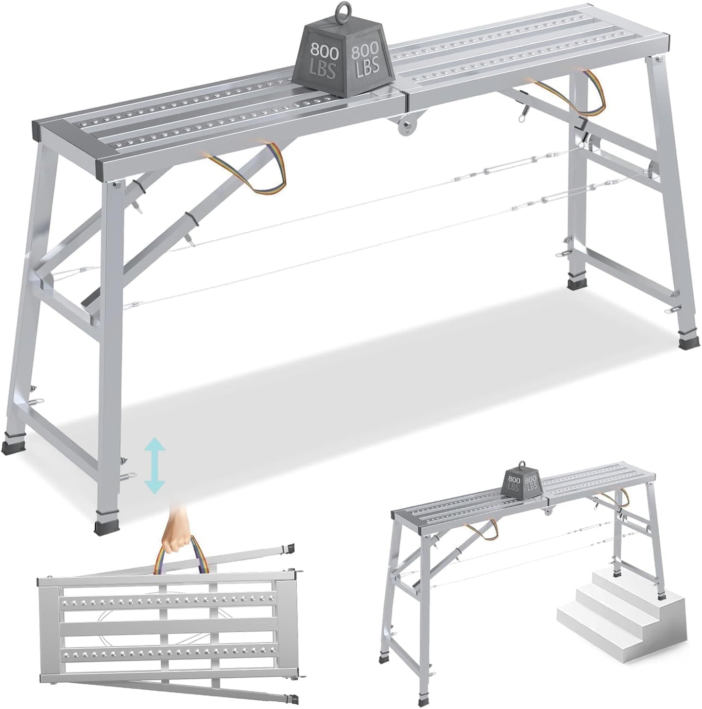Adjustable Scaffolding Platform, 71" L x 15" W x 35"-57" H Alloy Portable Multi Purpose Work Platform with Double Rope, 800 lbs Load Capacity Folding Work Bench for Car Washing, Repairing, Painting