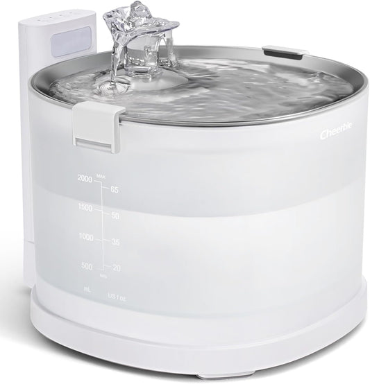 Cheerble Pumpless Cat Water Elfin Fountain, Wireless Pet Fountain Battery Operated, 2L/67oz E1+ Automatic Water Dispenser Cats & Dogs MagDrive™ Technology Stainless Steel Tray, No Cleaning Hassle