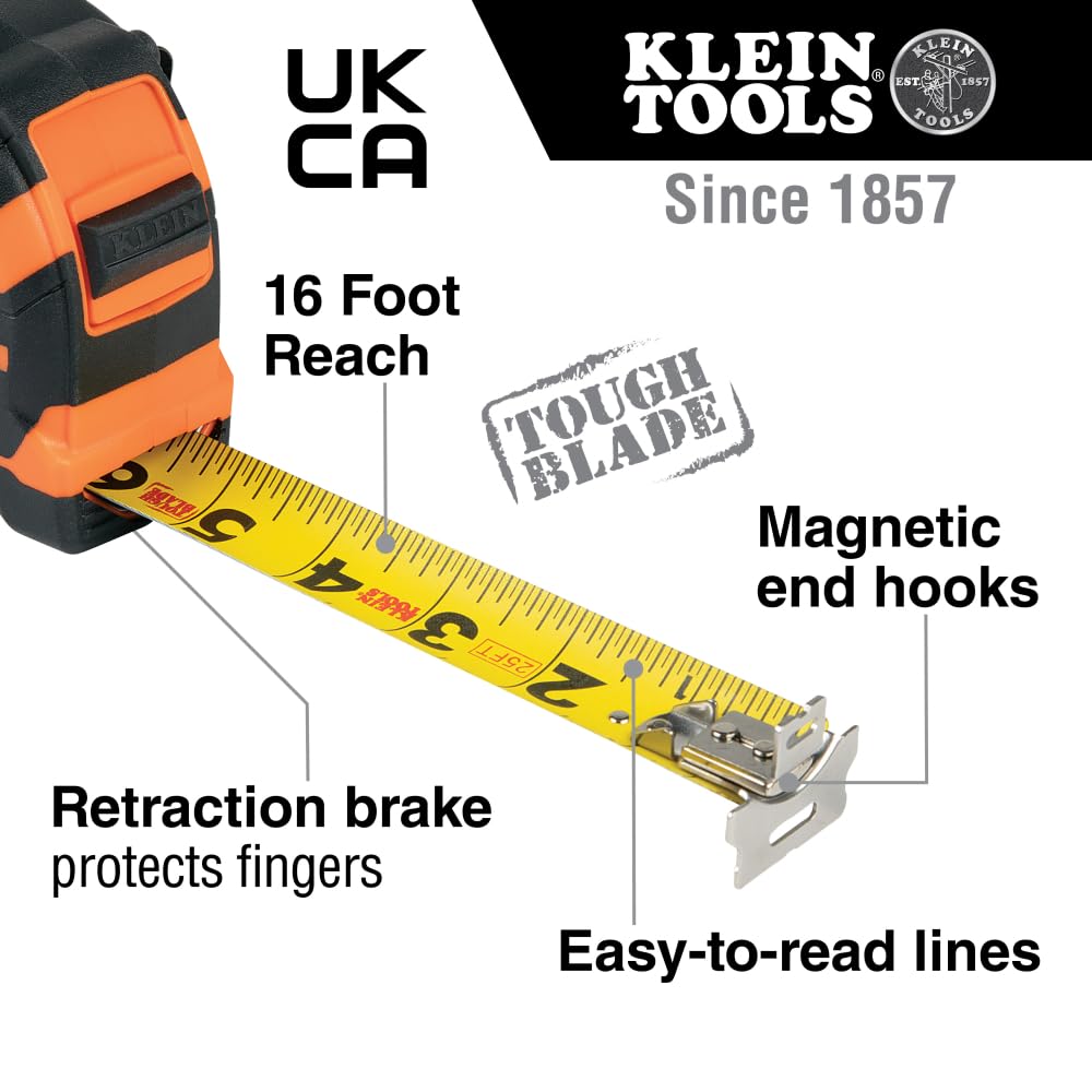 Klein Tools 9216 Tape Measure, Heavy-Duty Measuring Tape with 16-Foot Double-Hook Double-Sided Nylon Reinforced Blade, with Metal Belt Clip