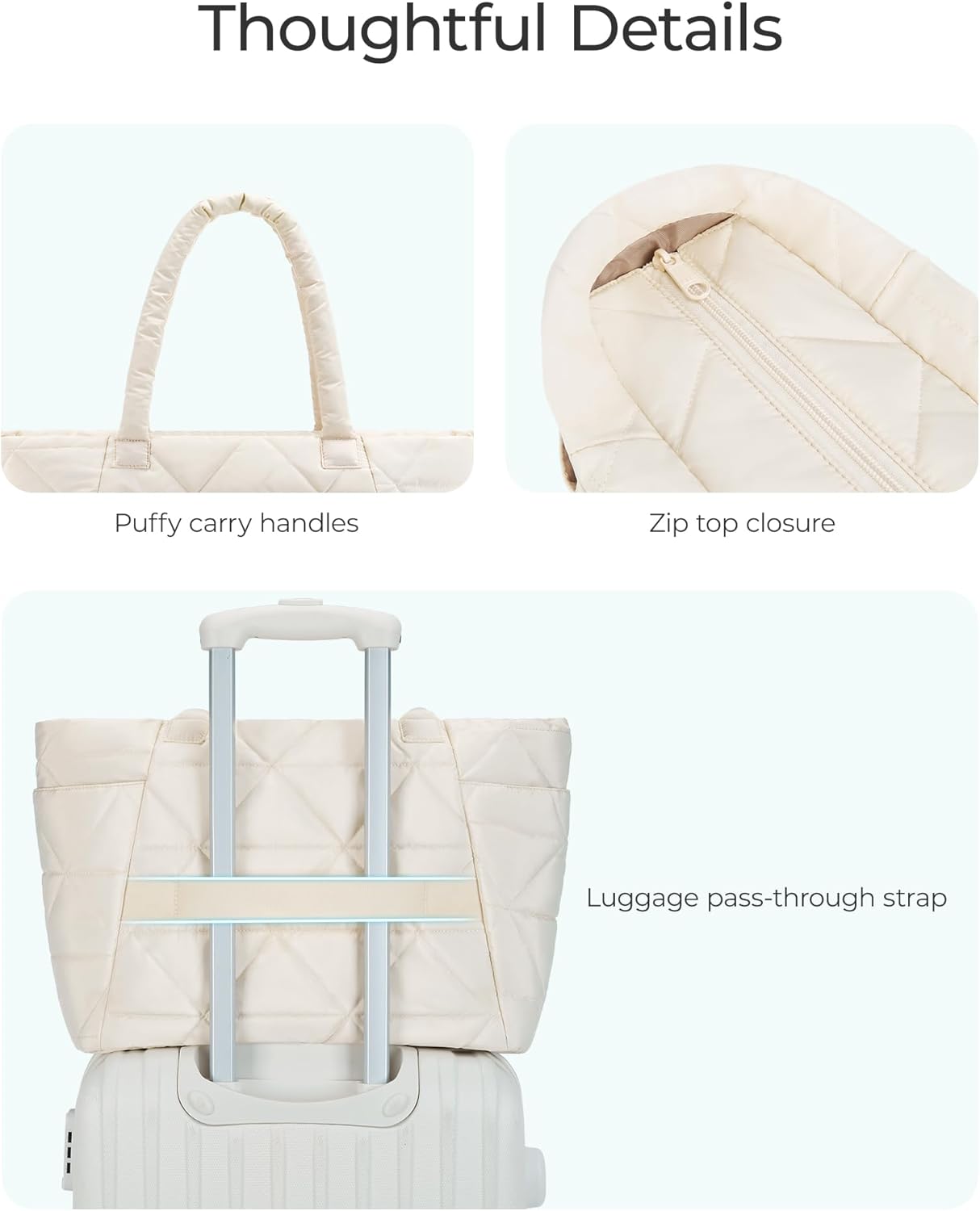 BAGSMART Tote Bag for Women, Puffer Tote Bag with Zipper, Large Quilted Shoulder Bag with Compartments for Travel, Work, Gym
