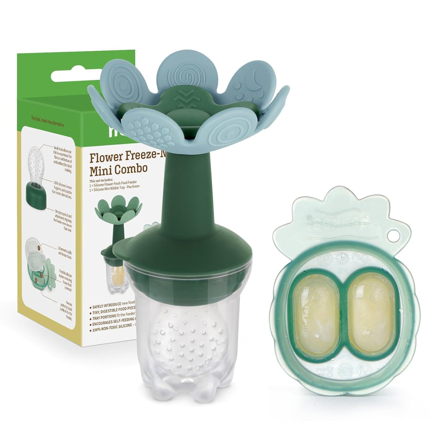 Haakaa Flower Baby Fresh Fruit Food Feeder with Mini Freezer Nibble Tray, Breastmilk Popsicle Mold for Baby Cooling Relief, Food Grade Silicone Baby Mesh Feeder for Infants 4M+ (SkyBlue)