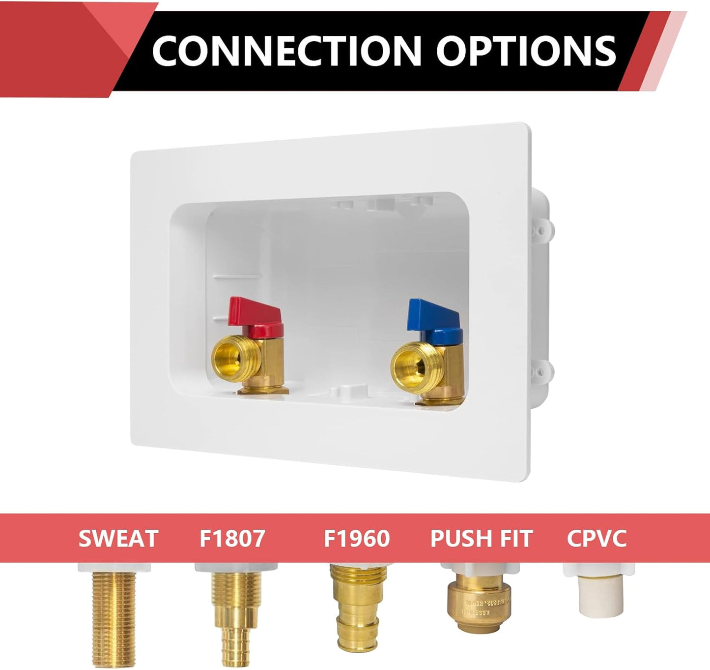 EFIELD Washing Machine Outlet Box, 1/2" Pex-A F1960 Expansion Connection x 3/4" MHT Connection, with Copper Water Hammer Arrestor, Center Drain with Brass 1/4 Turn Valves Installed,(WM013)