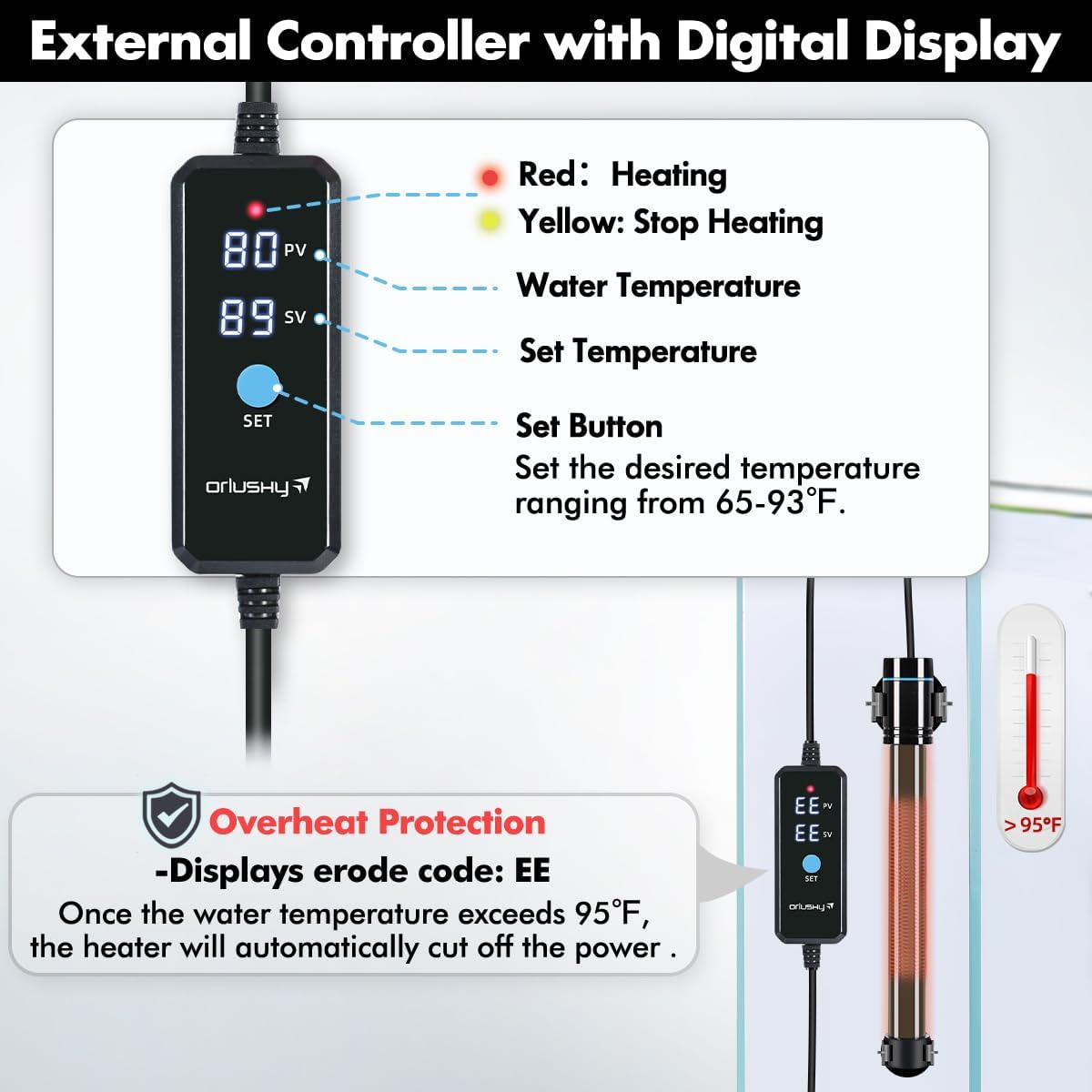 Orlushy 150W Submersible Aquarium Heater, Adjustable Fish Tank Heater with Digital Display External Controller, Overheat Protection and Free Thermometer for 20-30 Gallons Freshwater and Saltwater Tank