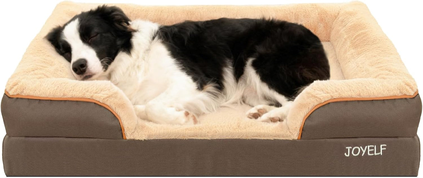 JOYELF Orthopedic Dog Bed for Large Dogs, Foam Sofa Couch Bed, Bolster Waterproof Pet Bed with Removable Washable Cover and Nonskid Bottom for Medium to Large Dogs - Coffee