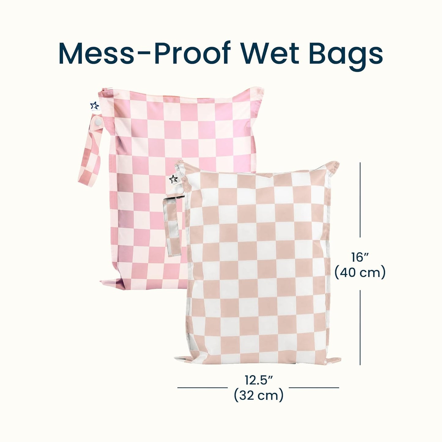 Tiny Twinkle Mess Proof Wet Bags | 2-Pack Reusable Waterproof Wet Bags for Swimsuits | Baby Clothes | Travel & Diaper Bag (Pink, Brown Checkers)