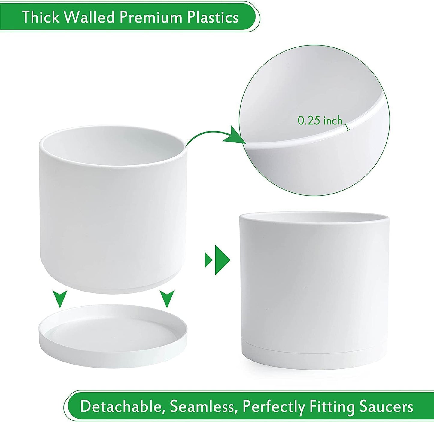 D'vine Dev 8 Inch Plastic Planter Pots for Plant Pot with Drainage Hole and Seamless Saucers, White Color, 74-X-A-1