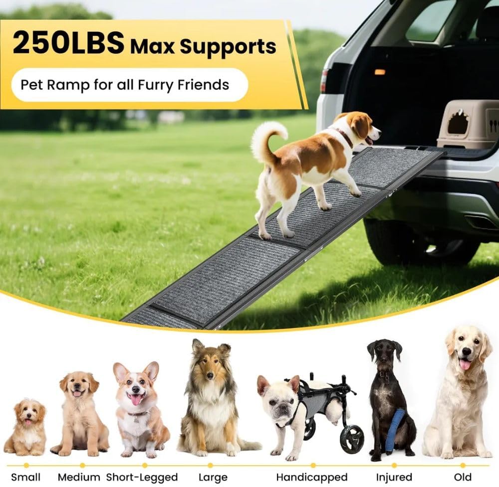 Dog Ramp for Car & SUV with Non-Slip Rug Surface – Lightweight & Foldable Pet Ramp for Dogs, Includes 4 Towels & 2 LED Lights, Safe for Cars, Trucks, Beds, Couches & Stairs