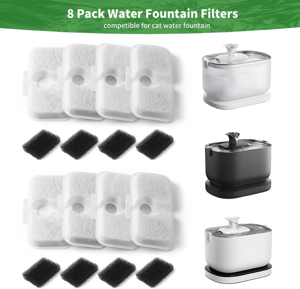 8 Pack Cat Water Fountain Filter,Triple Filtration System Replacement 4 Pcs Cats Waters Fountains Filters with 4 Pieces Sponges Compatible With Dockstream (4 Filters & 4 Sponges)