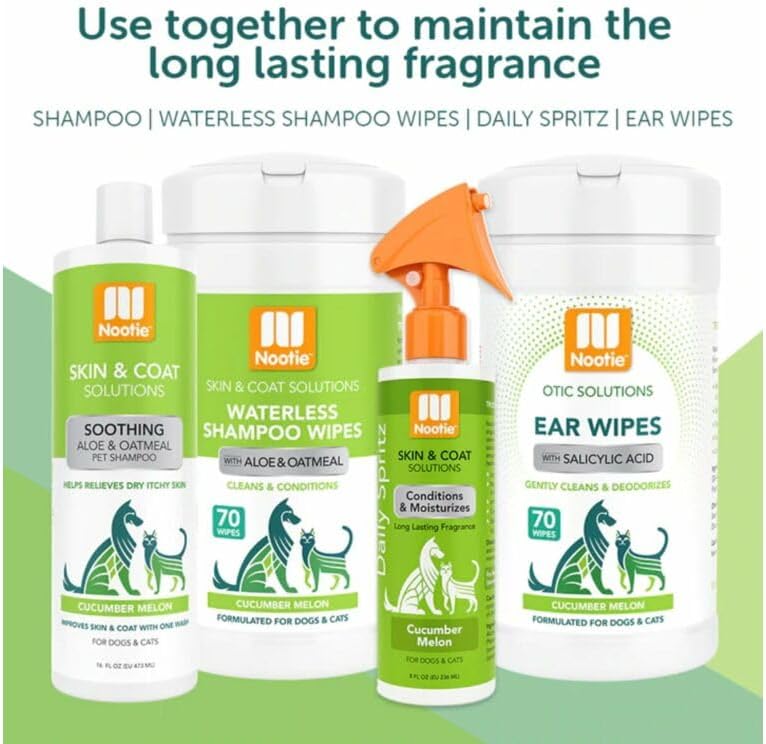 Nootie Waterless Shampoo Wipes for Dogs & Cats - Long Lasting Cucumber Melon Fragrance - Sold in Over 10,000 Vet Clinics and Pet Stores Worldwide, Made in USA - 70 Count
