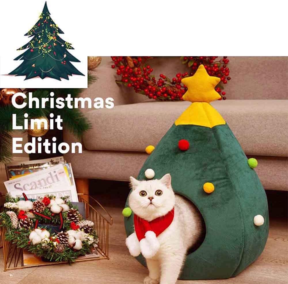 Christmas Cat Beds, Christmas Tree Cat Beds House, Portable Indoor Cat Igloo Xmas Bed Cave for Small Dogs and Small Animals, Green