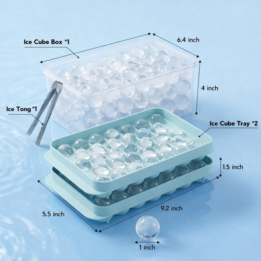 WIBIMEN Ice Cube Tray with Lid and Bin - Round Ice Trays for Freezer with Lid - Ice Cube Trays for Freezer with Ice Container (1"-2PACK Blue)