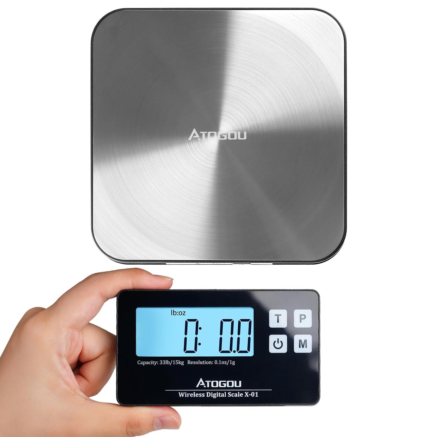 Atogou Food Scale, 33lb Wireless Kitchen Scale with Remote Display, 1g/0.1oz Precise Graduation, Food-Grade 304 Stainless Steel, Digital Food Scale for Cooking, Baking, Postage, Shipping, Black&Silver