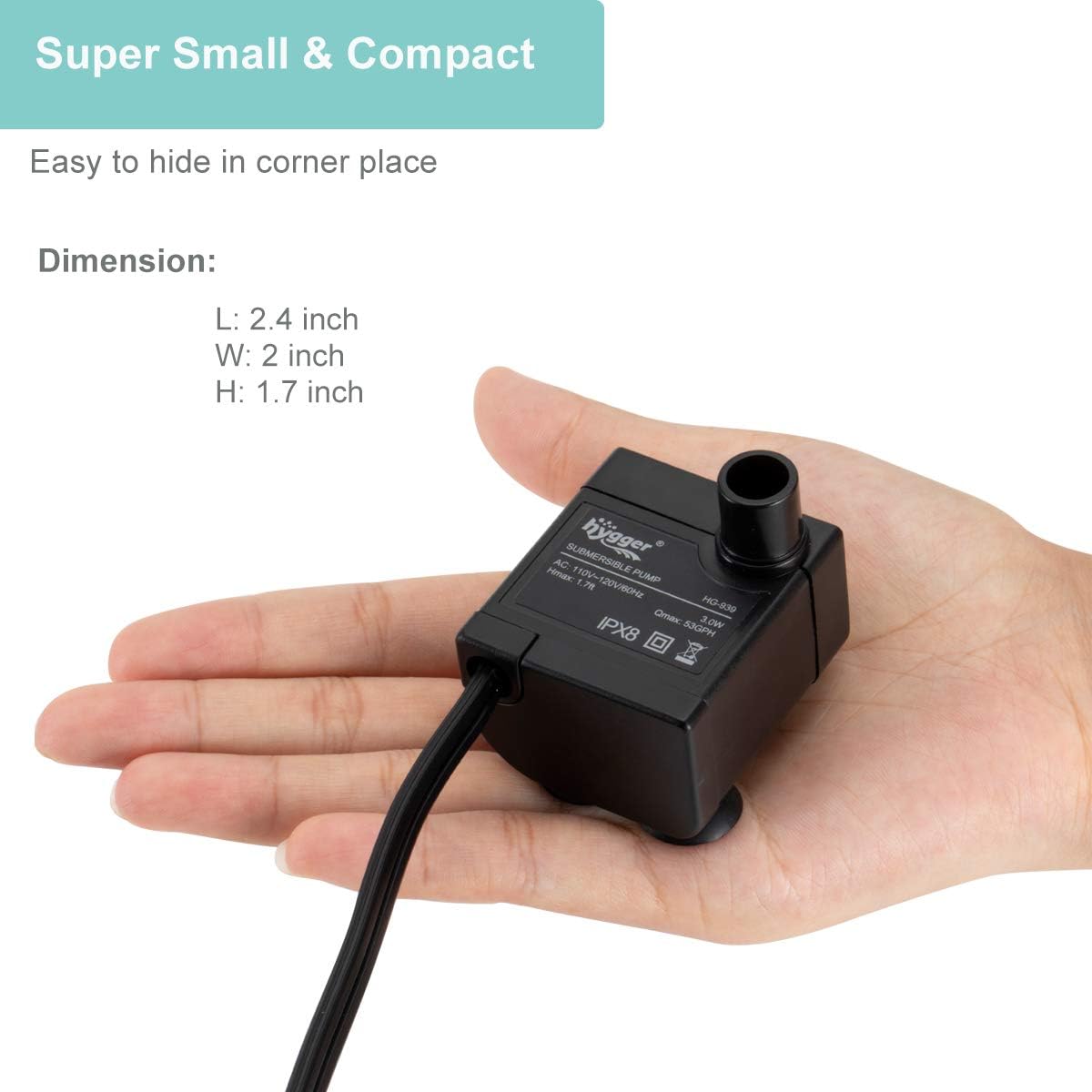hygger Ultra Quiet 53GPH (200L/H, 3W) Submersible Mini Water Pump Comes with 2 Nozzles, for Aquariums, Fish Tank, Fountain, Hydroponics, Max Lift Height 1.7ft ,120V/60HZ, Power Cord 6ft