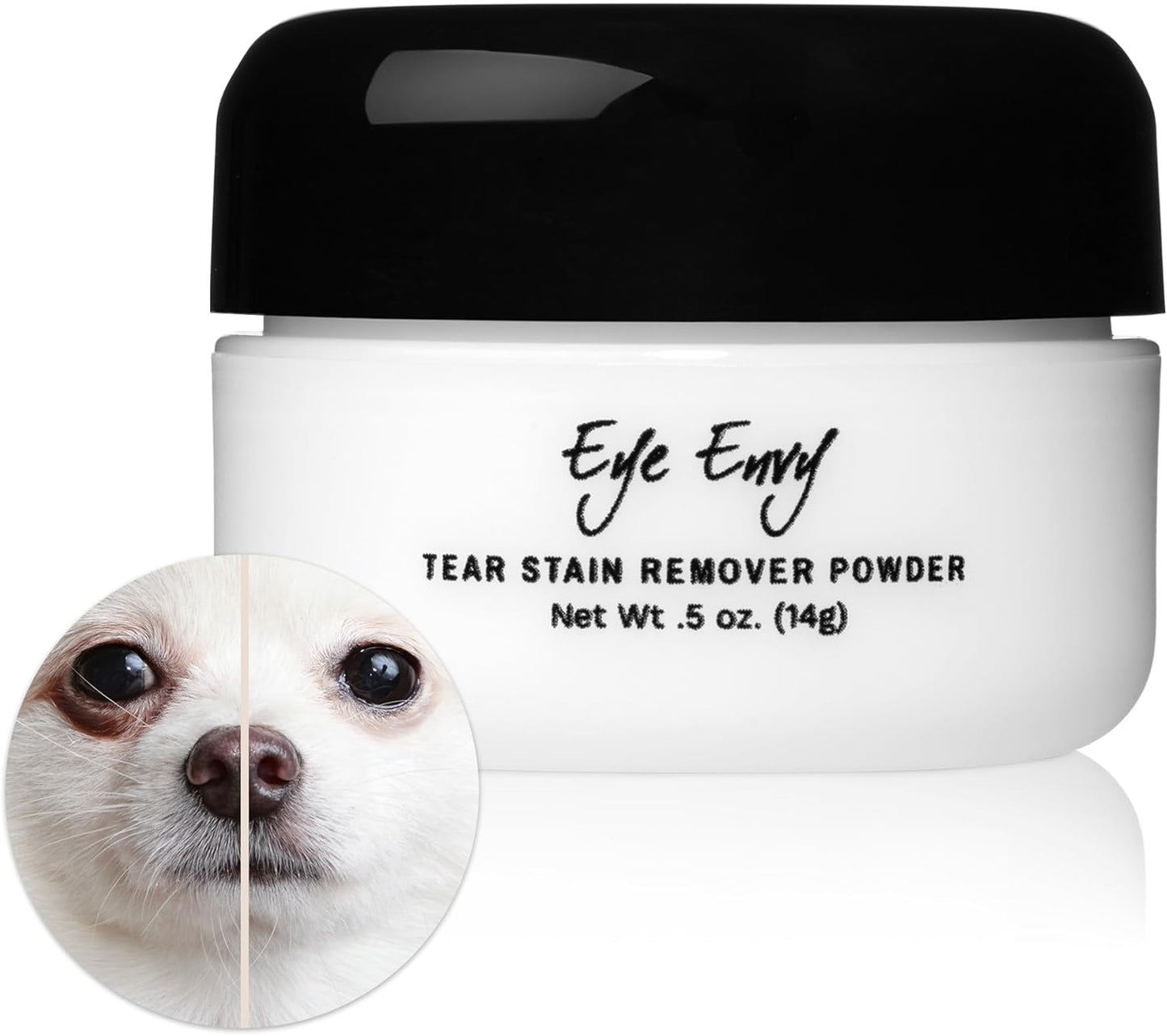 Eye Envy Tear Stain Remover Powder for Dogs and Cats. 100% Natural, Safe. Apply Around Eyes. Absorbs and Repels Tears. Keeps Area Dry. Treats The Cause of Staining. Made in The USA. (.5 oz)