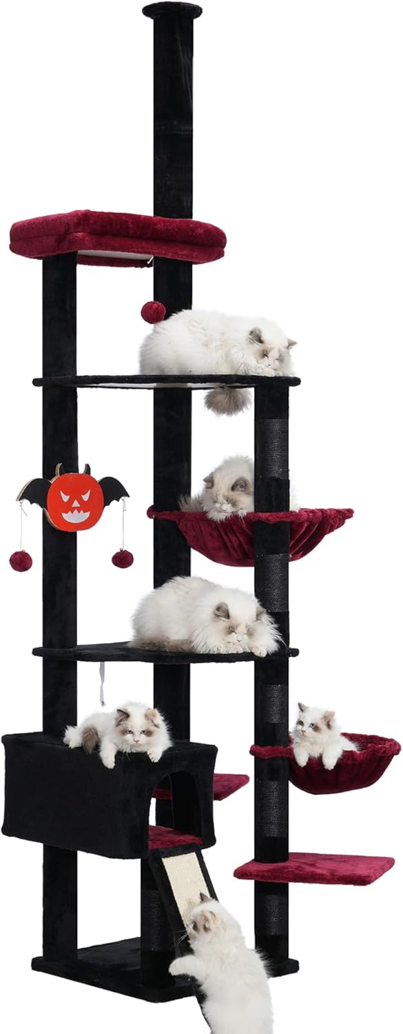 Heybly Cat Tree 92.5-104.3 Inches with Hammock, Floor to Ceiling Gothic Cat Condo, Tall Cat Climbing Tower Adjustable with Scratching Posts for Indoor Cats, Black and Red HCT091BR
