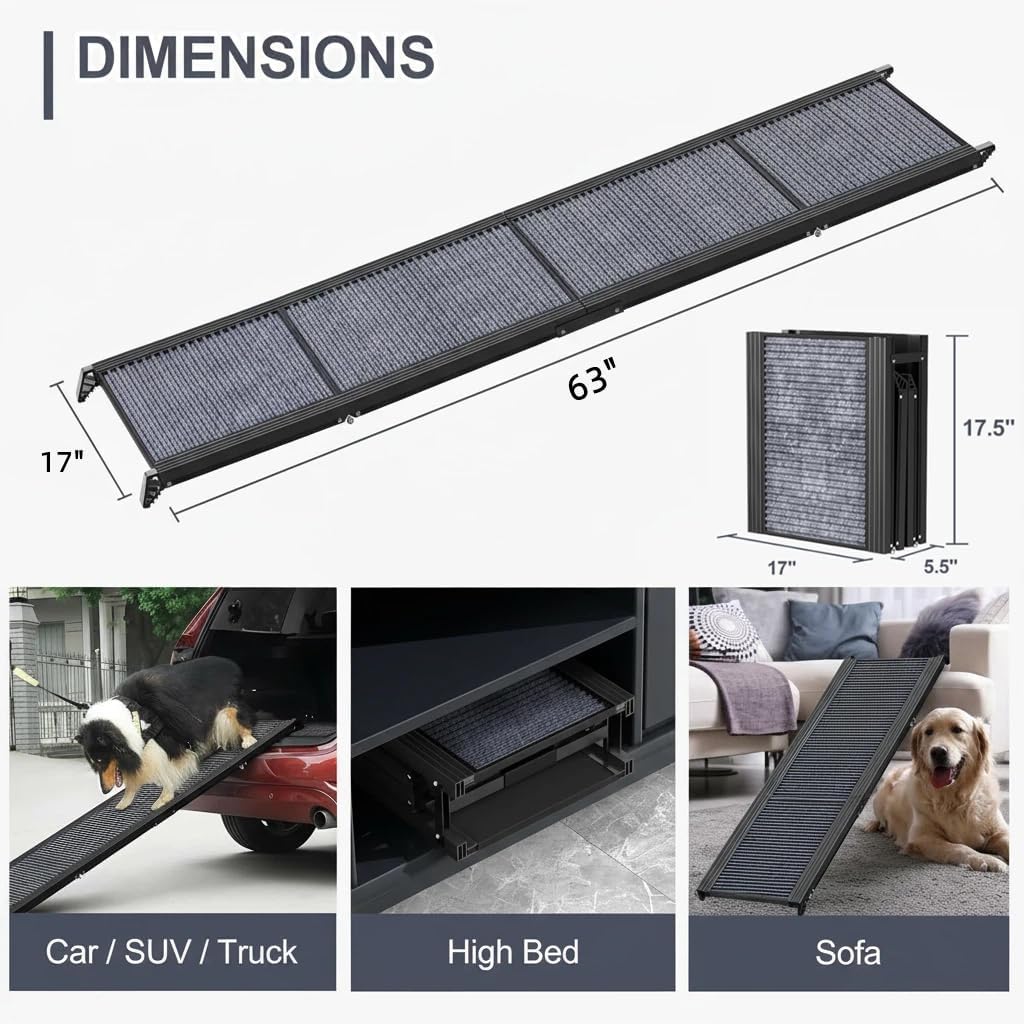 Dog Ramp for Car, Folding Pet Ramp with Comfortable Carpet Surface, Holds Up to 250lbs, Non-Slip 63" Portable Large Dog Stairs for Bed, SUV & Truck