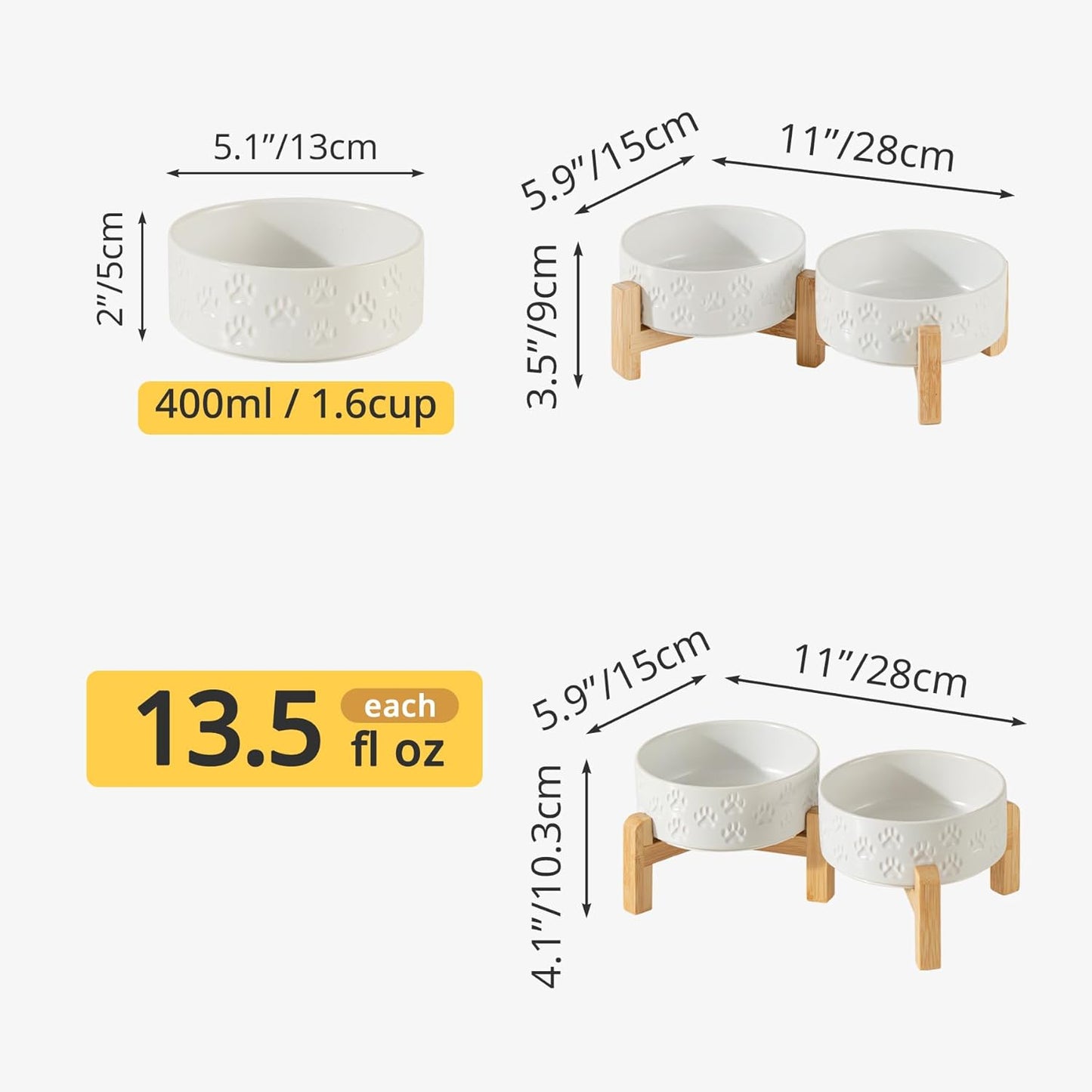 Elevated Ceramic Dog Bowl Set, 5.1" Dog Bowls with Dual Fixed Heights Stand, Elevated Food & Water Bowls for Adult Cats, Small-Breed Puppies, Non-Slip (Double Bowls + Stand - White, 5.1 inch)