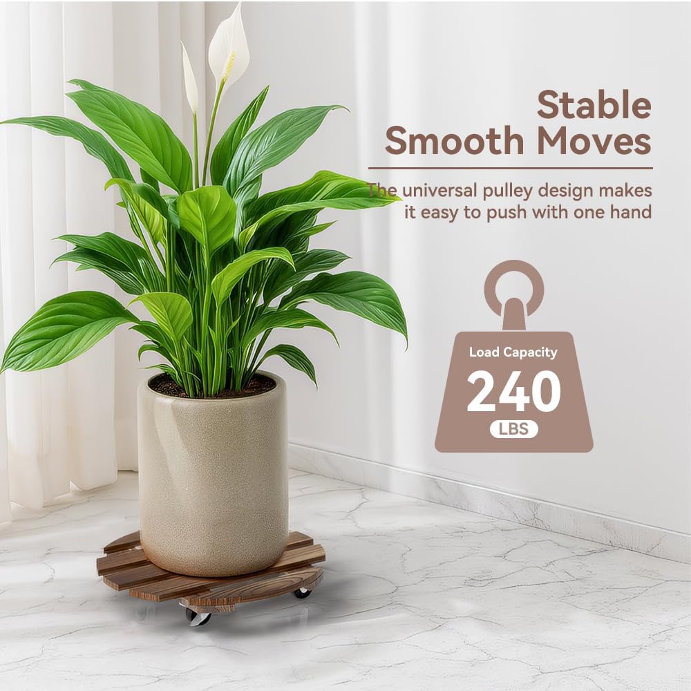 2 Pack Plant Stand Indoor and Outdoor, 12IN Premium Wooden Plant Caddy with Wheels, Heavy Duty Plant Stands with 360° Lockable Wheels, Classic Plant Cart