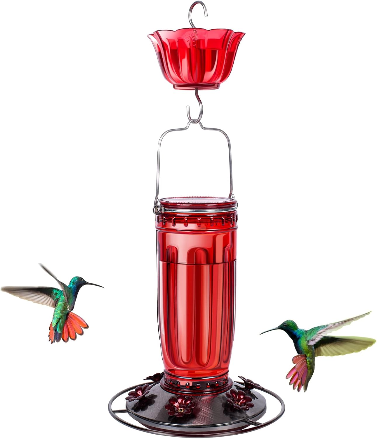 Kingsyard Glass Hummingbird Feeder for Outdoors Wild Bird Feeder with 6 Feeding Ports Hanging for Garden Yard, Red (Ant Moat Included)