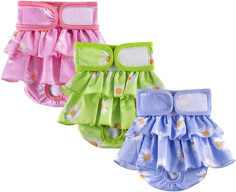 Dog Diapers for Female Dogs 3 Pack Washable Dog Panties Diaper Skirt Flower Printed Puppy Diapers Shorts for Girl Dog in Period Heat