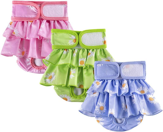 Dog Diapers for Female Dogs 3 Pack Washable Dog Panties Diaper Skirt Flower Printed Puppy Diapers Shorts for Girl Dog in Period Heat