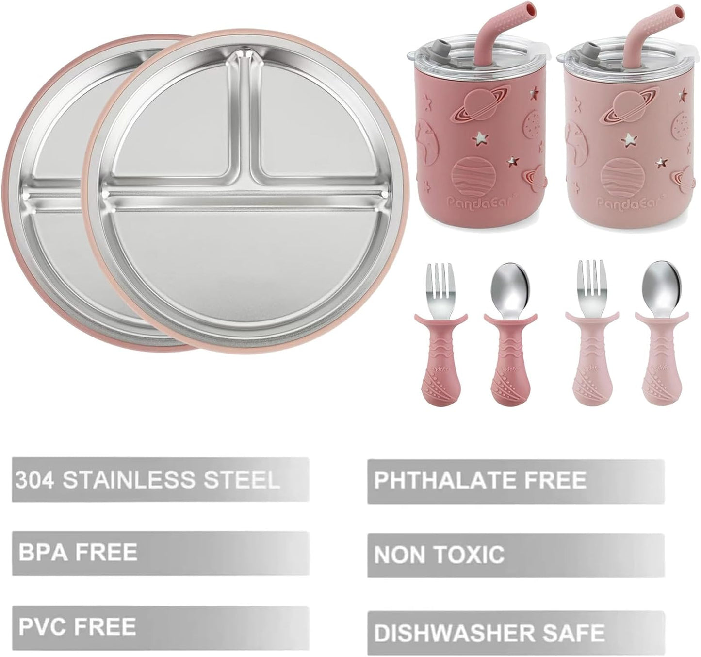 PandaEar Stainless Steel Baby Feeding Set | 2 Divided Suction Plates, 2 Spill-Proof Straw Cups with Silicone Sleeves, 2 Forks & 2 Spoons | Toddler Utensils for Baby Led Weaning, BPA-Free (Pink)