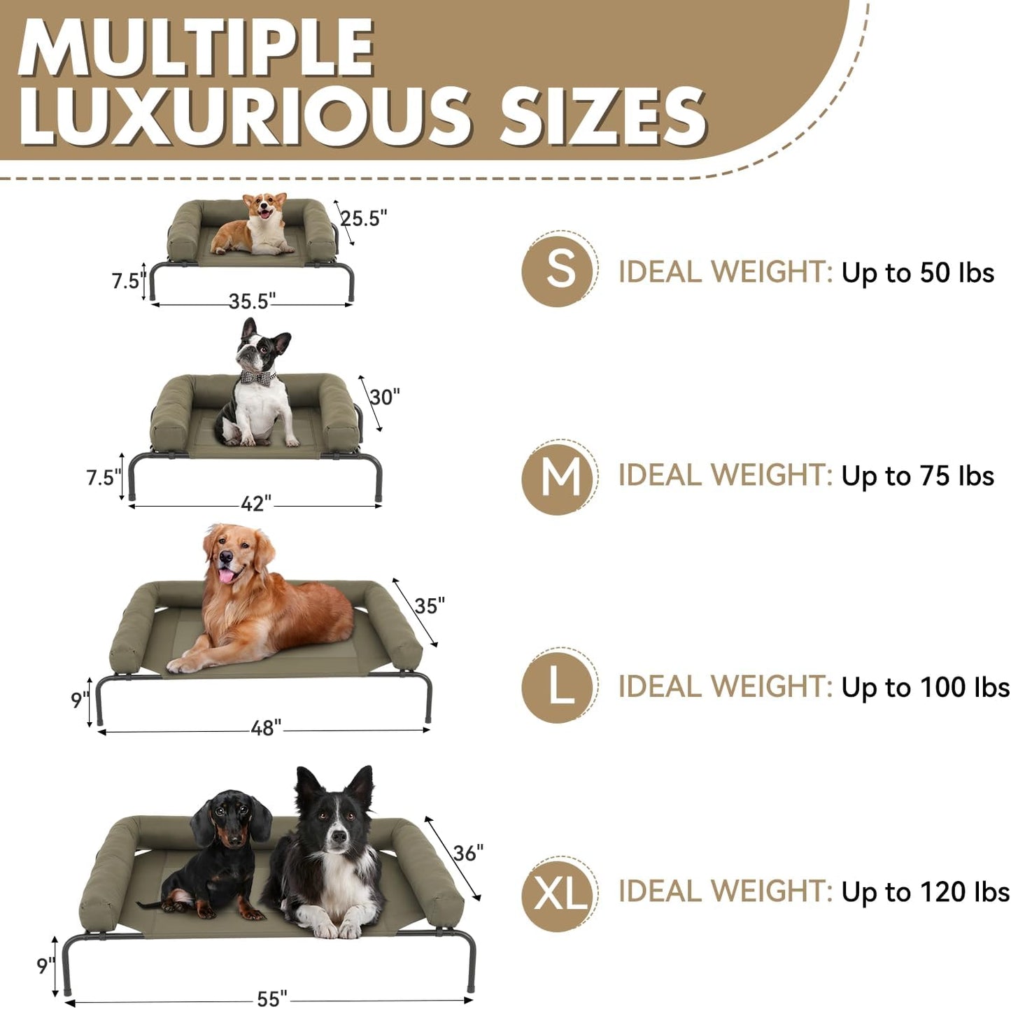 Athena Collection Outdoor Elevated Dog Bed with Removable Bolsters, 55 Inches Raised Dog Cot Washable with Metal Frame Non-Slip Feet for Large Size Dog, Green