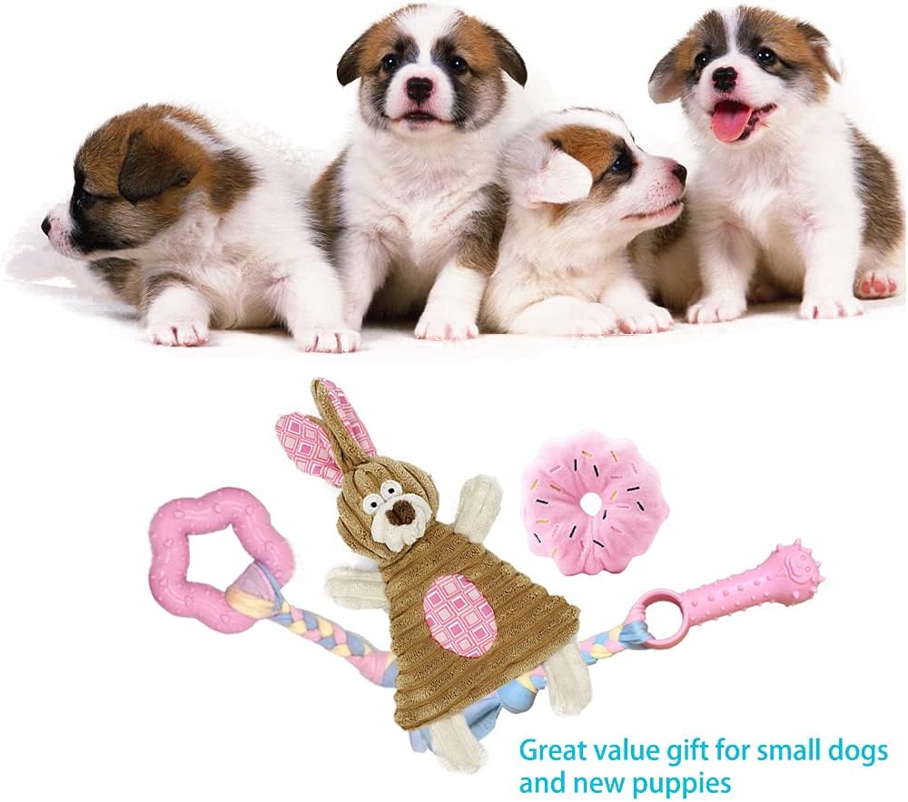Puppy Toys for Teething Puppies, Puppy chew Toys for Small Dogs, Squeaky Bunny Dog Toys for Puppies, Small Puppy,Pink, 4pcs