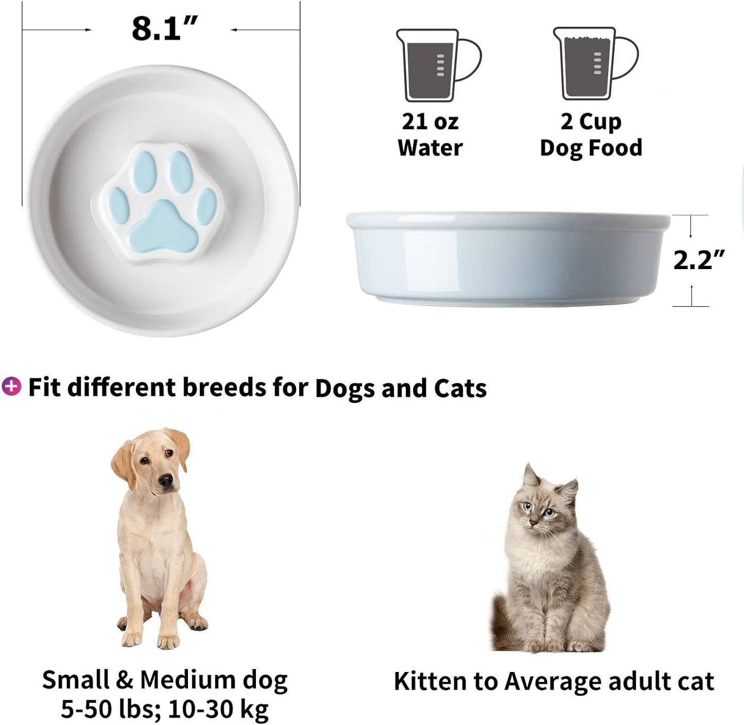 Y YHY Slow Feeder Dog Bowls, Ceramic Dog Bowls for Dry and Wet Food, Non-Slip Slow Dog Bowls for Small and Medium Dogs, Slow Feeder for Cats and Dogs, 21 oz - 2 Cup