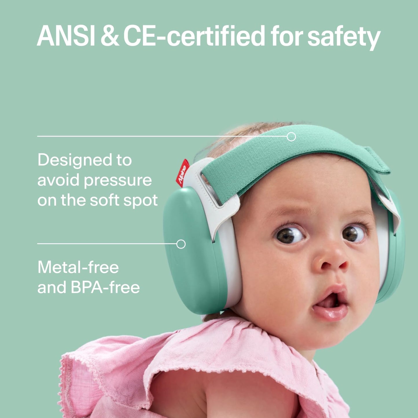 Alpine Muffy Baby Comfort - Protects Hearing for Babies and Toddlers - CE & ANSI Certified - Headband for Safe fit & Comfort - Adjustable for Ages 3-48 Months - 24dB Sound Reduction, Green