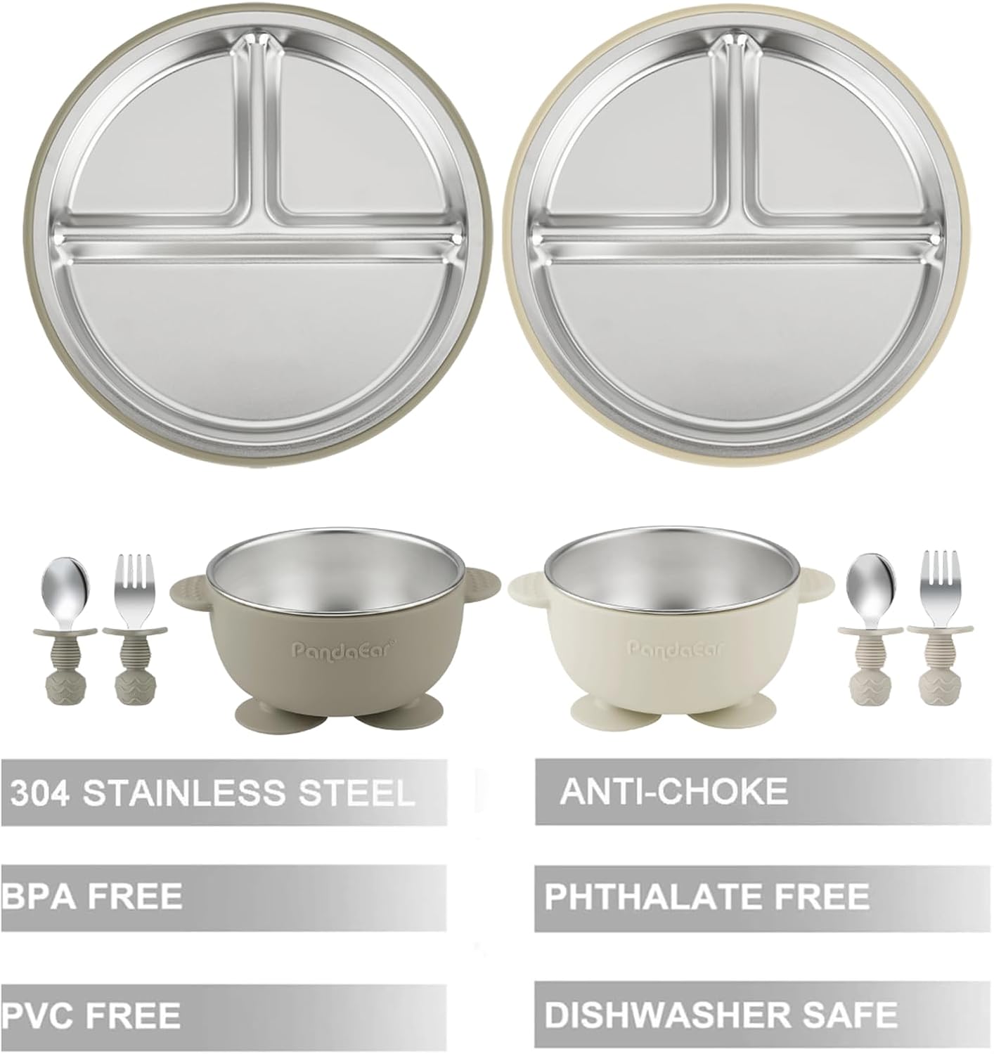 PandaEar 8PCS Baby Feeding Set | Stainless Steel Suction Plates and Bowls with Silicone Fork and Spoon Utensils | Baby Led Weaning Tableware for Toddlers & Kids (Tan & Walnut)