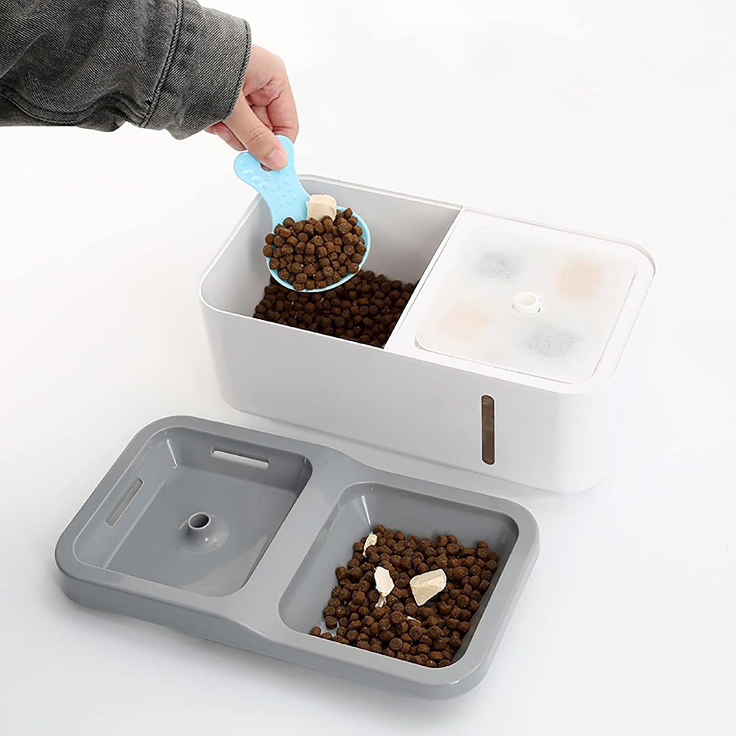Dog Cat 2-in-1 Automatic Water Fountain and Food Bowl with Filtered, LED Light, 51oz/1.5L Pet Drinking and Food Storage