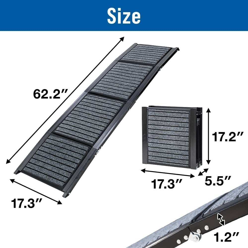 Dog Ramp for Car & SUV with Non-Slip Rug Surface – Lightweight & Foldable Pet Ramp for Dogs, Includes 4 Towels & 2 LED Lights, Safe for Cars, Trucks, Beds, Couches & Stairs
