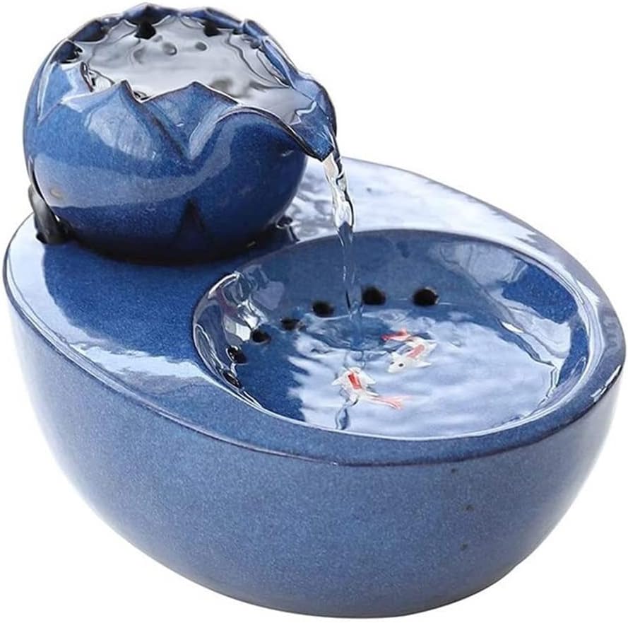 Fountain Portable Pet Water Drinker Fountain Automatic Circulation Water Bowl for Cat Dog Puppy,Ceramic Pet Water Dispenser Pet Water Dispenser (Color : White Style 2) (Blue Lotus)