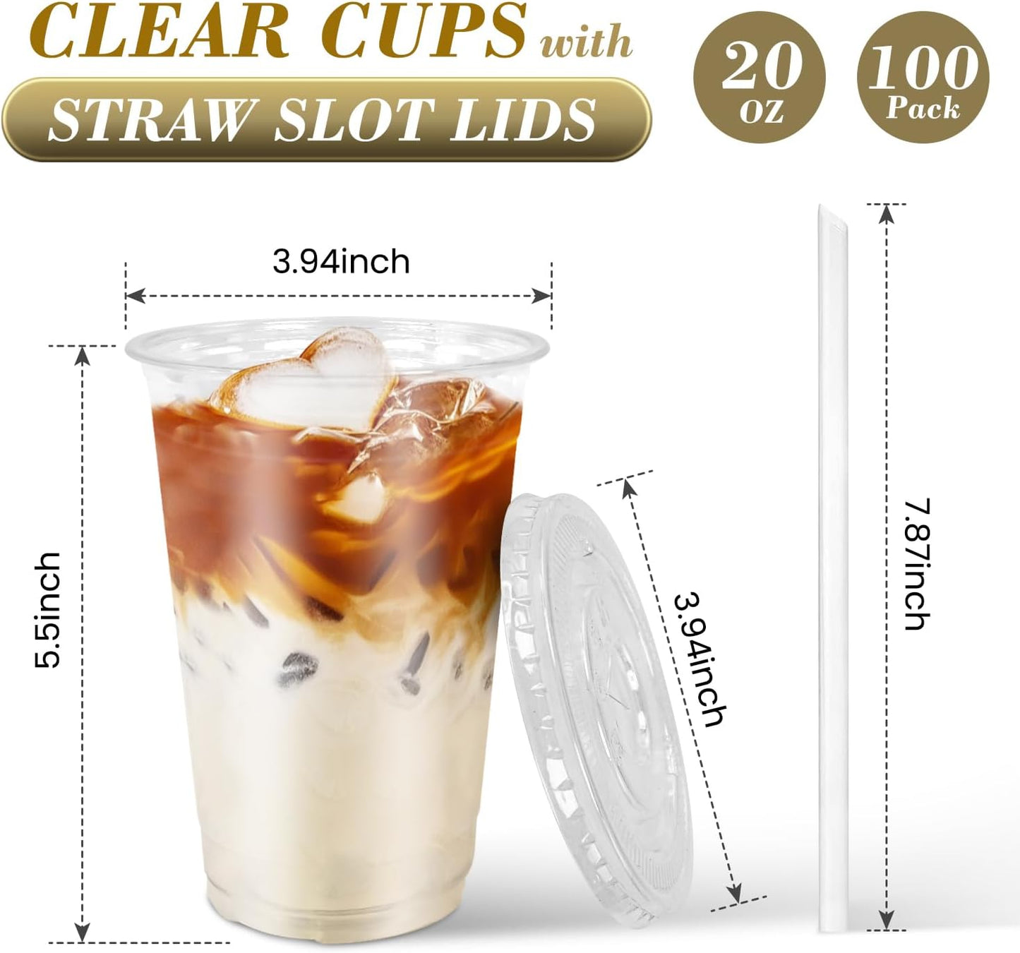 Ginkgo 100-Pack 20oz Clear Plastic Iced Coffee Cups with Lids and Straws, Leak-Proof & Sturdy Disposable To Go Cups for Smoothies, Milkshake, Cold Beverages, Coffee Bar Accessories