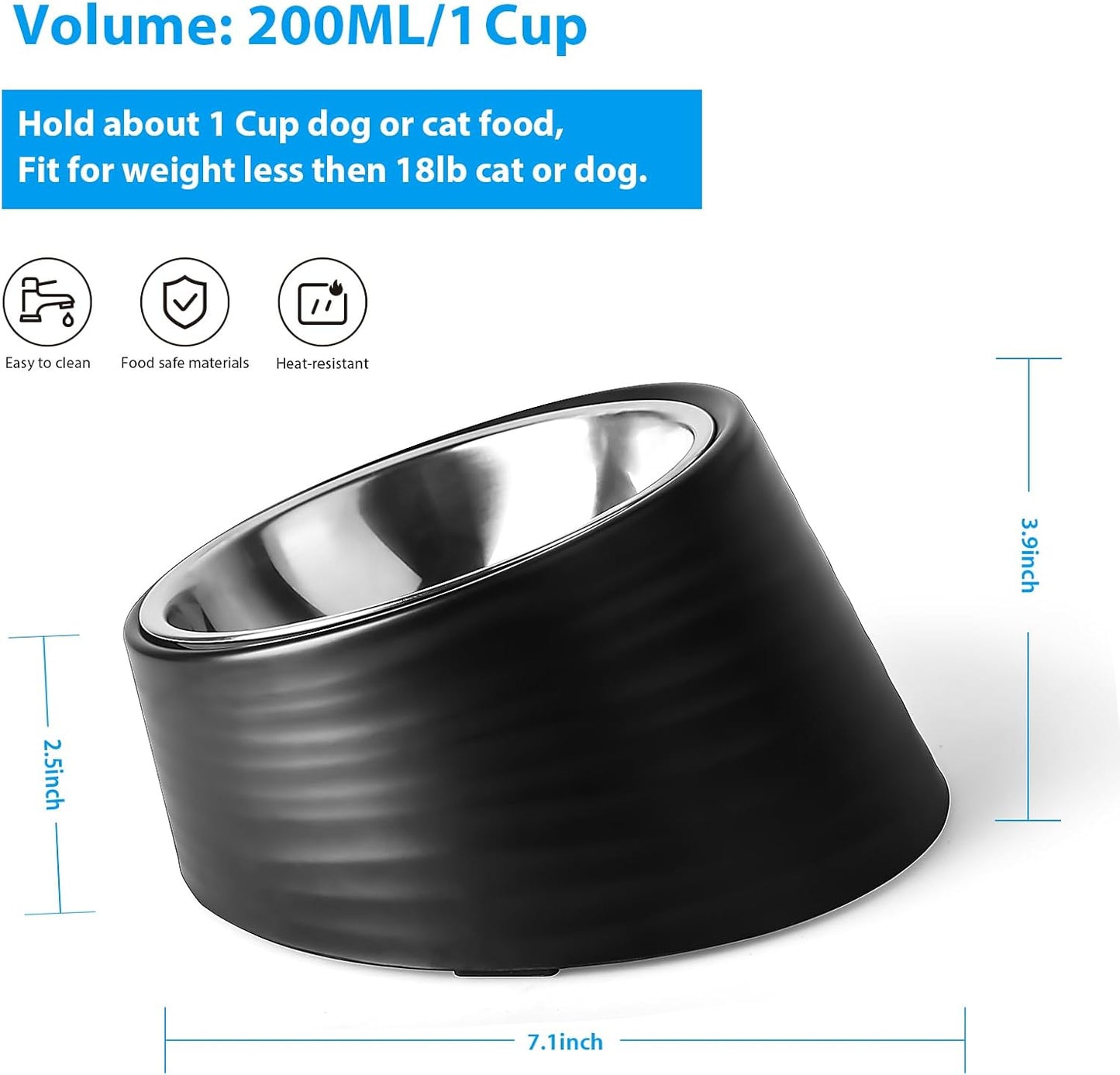 Tilted Slanted Dog Bowl 1 Cup, 15° Tilted Stainless Steel Dog Cat Food Bowl, Non-Slip & Non-Spill Pet Feeder with Elevated Detachable Melamine Stand, Easy to Get Food Dish, Medium Black