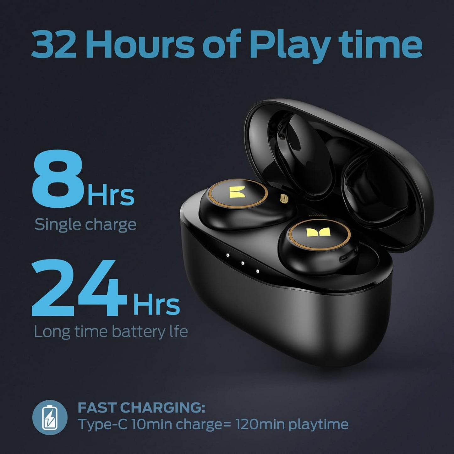 Monster Achieve 300 AirLinks Wireless Earbuds, Bluetooth 5.3 in-Ear Headphones with Charging Case, Stereo Headphones, 32H Playtime Touch Control, Built-in Mic, Clear Call, Black