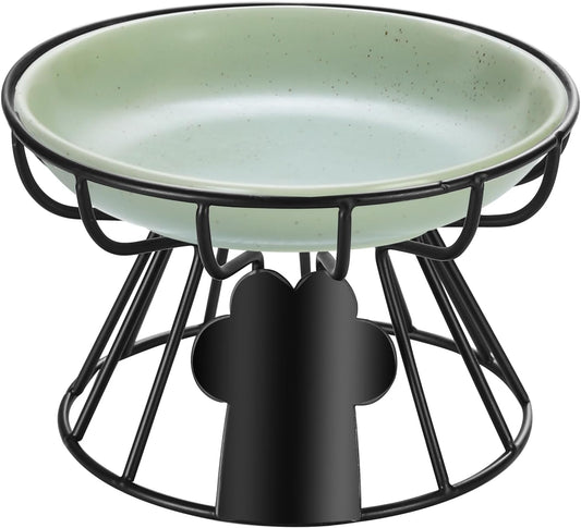 Shallow Cat Dishes with Metal Stand,Elevated Cat Bowl,Ceramic Cat Bowls,Raised Cat Food Bowls,Pet Feeder for Indoor Cats,Kitten and Small Dogs, Dishwasher Safe