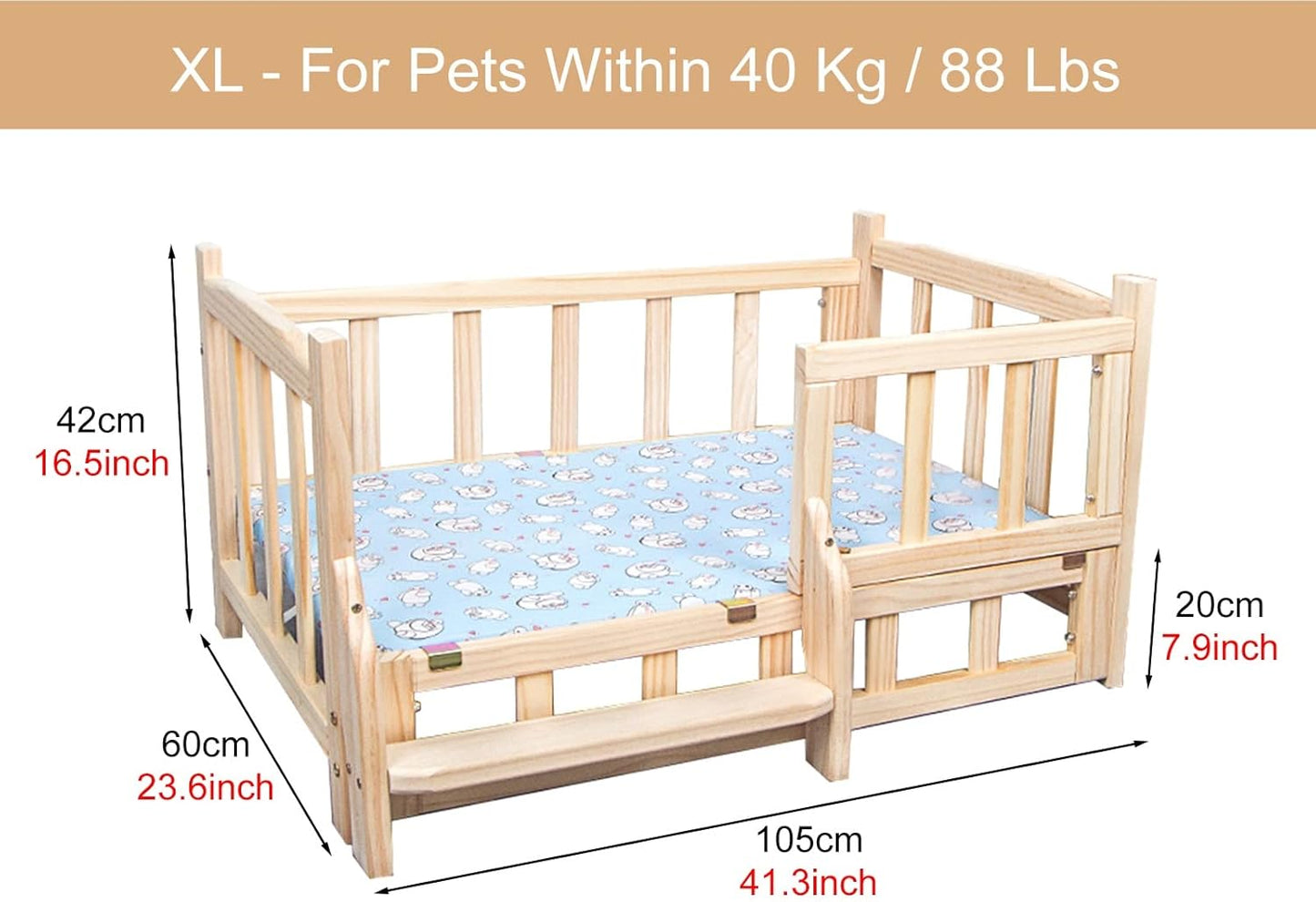 Pet Bed Medium/Large Raised Wooden Dogs Bed with Washable Bedding ＆ Stairs, Comfortable Breathable Elevated Pet Couch, for Older Cats/Puppy (Color : Style1, Size : L-90x55x42cm/35x22x17") (Style1 XL1