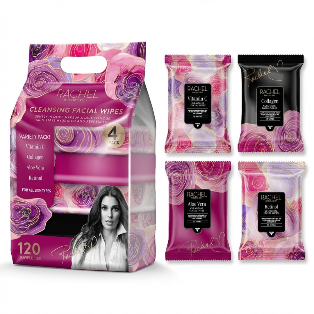 Rachel Roy 4 Pack Face Wipes for Women - Cleansing Makeup Remover Wipes with Vitamin C, Retinol, Collagen & Aloe Vera - 120 Pcs